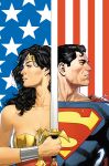  1boy 1girl absurdres american_flag_background artist_collaboration bare_shoulders black_hair blue_bodysuit bodysuit cape clark_kent dc_comics diana_prince flag_background highres holding holding_sword holding_weapon justice_league logo_print long_hair looking_to_the_side print_bodysuit red_cape sampere_art short_hair star_(symbol) superman superman_logo sword tiara tomeu_morey upper_body weapon wonder_woman 