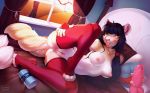  2018 anthro bed black_hair breasts clothing cougar dildo feline female green_eyes hair junebuq legwear lying mammal nipples pillow pussy pussy_juice sex_toy stockings tree tree_branch window 