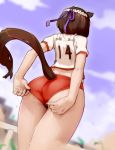  adjusting_buruma adjusting_clothes animal_ears ass back brown_hair buruma facing_away from_behind from_below highres horse_ears horse_girl horse_tail materclaws red_buruma short_hair solo special_week sweat tail tail_raised thighs umamusume 