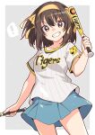  ! 1girl absurdres baseball_bat baseball_jersey blue_skirt border breasts brown_eyes brown_hair collarbone commentary_request grey_background grin hair_ribbon hairband hanshin_tigers highres holding holding_baseball_bat jersey looking_at_viewer medium_hair nippon_professional_baseball outside_border ribbon shirt short_sleeves simple_background skirt smile solo spoken_exclamation_mark standing suzumiya_haruhi suzumiya_haruhi_no_yuuutsu taiki_(6240taiki) teeth thighs white_border white_shirt yellow_hairband yellow_ribbon 