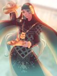  1girl absurdres annicadraws aqua_eyes arabian_clothes blurry blurry_background bracelet contrapposto cup green_hair hatsune_miku head_scarf headband highres holding holding_tray jewelry long_hair looking_at_viewer pouring pursed_lips solo standing teacup teapot tray vocaloid worldwide_miku 