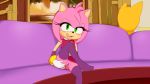  amy_rose anthro blush bracelet canine clitoris clothing dress excito eyelashes female fox gloves green_eyes hairband hedgehog jewelry legwear looking_at_viewer male mammal miles_prower open_mouth pussy raised_leg sitting sofa solo_focus sonic_(series) spread_pussy spreading stockings tongue tongue_out 