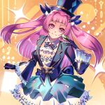  1girl black_gloves blue_jacket blunt_bangs bow bowtie breasts card cleavage club_(shape) detached_collar diamond_(shape) dress eversoul frilled_dress frills gloves hair_intakes hair_ornament hat heart highres holding holding_card jacket jewelry long_sleeves looking_at_viewer magician medium_breasts mememe orange_background pink_eyes pink_hair prim_(eversoul) shirt smile solo spade_(shape) sparkle_background top_hat twintails upper_body waist_bow white_shirt 