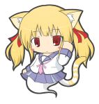  angel_beats! animal_ears bangs blonde_hair blush_stickers cat_ears cat_girl cat_tail character_request chibi closed_mouth commentary_request emil_chronicle_online eyebrows_visible_through_hair full_body ghost_tail hair_ribbon hand_up long_hair long_sleeves looking_at_viewer pleated_skirt purple_skirt red_eyes red_ribbon ribbon rinechun school_uniform serafuku shinda_sekai_sensen_uniform shirt sidelocks simple_background skirt solo tail twintails white_background white_shirt yusa_(angel_beats!) 
