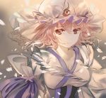  breasts cleavage closed_mouth commentary_request dress elise_(piclic) hat highres large_breasts light_brown_hair looking_at_viewer mob_cap petals saigyouji_yuyuko solo touhou white_dress white_hair 