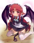  black_wings breasts commentary_request demon_tail duel_monster ghostrick_socuteboss highres long_hair looking_at_viewer maid_headdress medium_breasts pointy_ears red_eyes red_hair solo tail tattoo thighhighs wings yaibaken yuu-gi-ou 