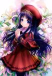  absurdres beret black_hair black_legwear blush capelet cardcaptor_sakura closed_mouth cowboy_shot daidouji_tomoyo dress eyebrows_visible_through_hair floral_background flower from_side goto_p hands_clasped hat highres lily_(flower) long_hair long_sleeves own_hands_together purple_eyes red_dress red_hat scan smile solo very_long_hair 