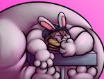  2018 anthro beanie belly big_belly big_feet big_hands clothing colored digital_drawing_(artwork) digital_media_(artwork) disney eating expansion eyes_closed fattening food food_inflation fur growth hair happy hat headwear hi_res huge_feet huge_hands hyper hyper_belly inflation invalid_tag lagomorph male mammal morbidly_obese naughtygryph nude obese open_mouth overweight overweight_male paws pink_background rabbit simple_background smile soles solo table toes weight_gain wreck-it_ralph ych 