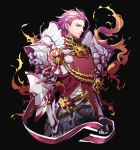  belt black_background breastplate commentary_request faulds fire gauntlets granblue_fantasy hair_slicked_back highres light_smile male_focus pauldrons percival_(granblue_fantasy) pink_hair plate_armor red_eyes simple_background solo tenobe upper_body 