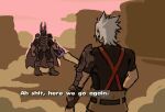  ah_shit_here_we_go_again_(meme) armor black_shirt dark_skin english_text from_behind grey_hair holding keyblade kingdom_hearts kingdom_hearts_birth_by_sleep male_focus meme multiple_persona outdoors pants profanity shirt short_hair sketch snoozaga spiked_hair standing terra-xehanort walking 