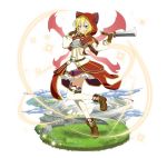  :q animal_hood blonde_hair breastplate brown_footwear brown_gloves character_request faux_figurine fingerless_gloves full_body gloves green_eyes hair_between_eyes holding holding_weapon hood layered_skirt miniskirt official_art red_hood red_wings shoes short_hair skirt smile solo standing standing_on_one_leg sword_art_online sword_art_online:_code_register thighhighs tongue tongue_out weapon white_legwear wings 