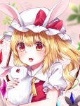  animal animal_ears ascot blonde_hair blurry_foreground bow bunny bunny_ears collarbone collared_shirt commentary_request eyebrows_visible_through_hair eyes_visible_through_hair fake_animal_ears fang fingernails flandre_scarlet floral_background frilled_shirt_collar frilled_sleeves frills gem gradient_eyes hair_between_eyes hat holding holding_animal leaf light_blush long_fingernails looking_at_viewer mob_cap multicolored multicolored_eyes nail_polish open_mouth pink_background puffy_short_sleeves puffy_sleeves red_bow red_eyes red_nails red_vest shirt short_sleeves side_ponytail solo tareme tongue tongue_out touhou upper_body vest white_hat wings yellow_neckwear yuria_(kittyluv) 