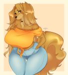  2018 absurd_res anthro bare_shoulder big_breasts black_nose border breasts canine cherrikissu choker clothed clothing digital_media_(artwork) dog dogmom female fully_clothed hair hand_in_pocket hi_res jeans long_hair looking_at_viewer mammal pants saluki signature simple_background solo thick_thighs voluptuous wide_hips 