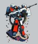  80s artist_request autobot blue_eyes cannon commentary_request full_body glowing glowing_eyes grey_background gun handgun holding holding_gun holding_weapon looking_at_viewer no_humans oldschool perceptor pistol rifle simple_background sniper_rifle solo transformers uniform weapon 
