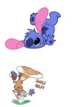  2017 4_fingers alien anthro back_markings black_nose blue_claws blue_fur blue_nose blue_pawpads brown_fur canine cheek_tuft claws dialogue digital_drawing_(artwork) digital_media_(artwork) disney duo english_text experiment_(species) eyes_closed faceplant flower fox fur head_tuft hi_res lilo_and_stitch mammal markings miles_prower mostly_nude notched_ear nude one_eye_closed open_mouth pawpads plant simple_background small_tail sneakers sonic_(series) stitch text toony trevor-fox tripping tuft watermark white_background white_gloves 