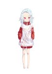  1girl bare_legs blue_hair blush female full_body hands_in_pockets legs looking_at_viewer neru_tanuki original pointy_ears red_eyes simple_background solo white_background 