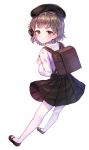  backpack bag bangs beret black_footwear black_hat black_skirt blcackup blouse blush brown_eyes brown_hair commentary_request eyebrows_visible_through_hair flower full_body hair_flower hair_ornament hat hatoba_tsugu hatoba_tsugu_(character) highres long_sleeves looking_at_viewer mary_janes mole mole_under_eye pantyhose randoseru shirt shoes short_hair simple_background skirt smile solo suspender_skirt suspenders virtual_youtuber white_background white_blouse white_legwear white_shirt 