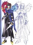  ashton_anchors azuma_mayumi black_footwear black_gloves blue_cape boots brown_hair cape closed_mouth dragon fingerless_gloves full_body gloves green_eyes headband holding holding_sword holding_weapon left-handed looking_at_viewer robe scan sketch smile standing star_ocean star_ocean_the_second_story sword thigh_boots thighhighs weapon 