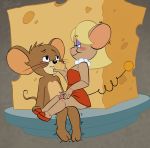  anthro blue_eyes blush brown_fur cheese clothing couple_(disambiguation) cum cute dress duo erection female food fur hair jerry_(tom_&amp;_jerry) machine male mammal mouse penis robot rodent sex sitting smile soulcentinel springtail teasing thigh_sex tom_and_jerry 