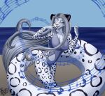  absurd_res anthro beach big_tail clothing eyes_closed eyewear felid female glasses hair hi_res long_hair long_tail mammal medicatedcannibal musical_note musical_symbol open_mouth pantherine silver_hair snow_leopard solo swimwear symbol tail titania_(chromatic_bard) trans_(lore) trans_woman_(lore) water wearing_glasses 