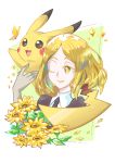  androgynous blonde_hair bug butterfly crossover eyebrows_visible_through_hair flower gem_uniform_(houseki_no_kuni) houseki_no_kuni insect one_eye_closed open_mouth pikachu pokemon smile sunflower yan531 yellow yellow_diamond_(houseki_no_kuni) yellow_eyes 
