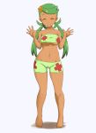  ^_^ alternate_hair_ornament ass_visible_through_thighs bangs bare_legs bare_shoulders barefoot bikini bikini_shorts blush_stickers breasts cameltoe character_hair_ornament closed_eyes closed_mouth collarbone covered_nipples dark_skin facing_viewer full_body gen_1_pokemon green_bikini green_tubetop grey_background groin hair_ornament highres legs_apart long_hair low_twintails mao_(pokemon) medium_breasts navel pokemon pokemon_(anime) pokemon_sm_(anime) print_tubetop shorts simple_background smile spread_fingers standing star star_hair_ornament staryu stomach strapless swept_bangs swimsuit tof tubetop twintails underboob w_arms 