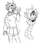  1_eye ansel_(anaid) big_eyes clothed clothing crossdressing cyclops eyelashes fully_clothed hair horn horned_tailclops humanoid male not_furry open_mouth open_smile ponehanon scarf simple_background skirt smile solo sweater tailclops_(species) white_background 