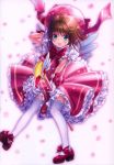 :d absurdres blush bow brown_hair cardcaptor_sakura cherry_blossoms dress fuuin_no_tsue gloves goto_p green_eyes hand_behind_head hat highres holding kinomoto_sakura magical_girl open_mouth outstretched_arm petals petticoat pink_dress pink_hat pink_ribbon red_bow red_footwear ribbon scan short_sleeves smile solo thighhighs white_background white_gloves white_legwear 