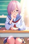 blue_sailor_collar blue_skirt cherry_blossoms commentary_request desk eyebrows_visible_through_hair fate/grand_order fate_(series) feet_out_of_frame glasses hair_over_one_eye haru_(hiyori-kohal) looking_at_viewer mash_kyrielight petals purple_eyes purple_hair red_neckwear sailor_collar school_desk school_uniform serafuku short_hair sitting skirt solo 