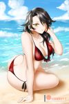  alfred_cullado arm_support ass bare_shoulders beach bikini black_hair blue_sky blush breasts cinder_fall cleavage cloud collarbone commentary day english_commentary hair_over_one_eye highres long_hair looking_at_viewer medium_breasts ocean outdoors parted_lips red_bikini rwby sand shiny shiny_skin side-tie_bikini sitting sky smile solo swimsuit twisted_torso water yellow_eyes 