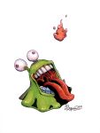  2020 asymmetrical_eyes digimon digimon_(creature) falling full_body highres inktober long_tongue numemon open_mouth painting_(medium) poop red_eyes simple_background solo stalk_eyes taragraphika teeth tongue tongue_out traditional_media watercolor_(medium) white_background 