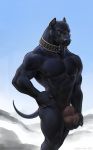  2018 abs adam_wan animal_genitalia anthro areola balls barazoku biceps black_fur butt canine claws collar dog fur holding_balls looking_at_viewer male mammal manly muscular navel nipples nude pecs pitbull sharp_claws sheath solo spiked_collar spikes standing thick_thighs triceps url yellow_eyes 