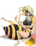  0aks0026 2011 antennae arthropod bee big_breasts blonde_hair breasts chest_tuft featureless_breasts female green_eyes hair honey honey_bee insect multi_limb open_mouth short_hair simple_background sitting solo stinger tears transformation tuft white_background wings 