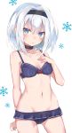  bikini black_choker black_hairband blue_bikini blue_eyes blush breasts choker cleavage closed_mouth cube_(cube00) hairband highres looking_at_viewer navel ryuuou_no_oshigoto! short_hair simple_background small_breasts snowflake_background solo sora_ginko standing swimsuit white_background white_hair 