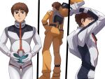  3boys aeug amuro_ray backpack bag black_eyes boots brown_hair char&#039;s_counterattack commentary_request comparison earth_federation earth_federation_space_forces gloves gundam hand_on_own_hip helmet highres holding holding_helmet kogetoriten_999 looking_at_viewer military_uniform mobile_suit_gundam multiple_boys multiple_persona multiple_views science_fiction short_hair space_helmet spacesuit tikarawaza white_background zeta_gundam 