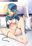  1girl absurdres ahoge artoria_pendragon_(all) bare_legs barefoot baseball_cap bikini blonde_hair blue_eyes blue_hat blue_jacket breasts cleavage commentary_request cropped_jacket fate/grand_order fate_(series) feet full_body hat highres indoors jacket knee_up lens_flare long_hair looking_at_viewer medium_breasts mikoma_sanagi mysterious_heroine_xx_(foreigner) navel parted_lips partially_visible_vulva pillow ponytail sitting solo sweatdrop swimsuit toenails toes untied untied_bikini white_bikini zipper 