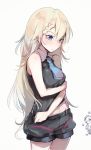  alternate_costume arm_across_waist baggy_shorts bangs bare_arms bare_shoulders black_shirt blonde_hair blue_eyes blue_neckwear blush braid breasts collar commentary_request cowboy_shot embarrassed eyebrows_visible_through_hair flying_sweatdrops g36_(girls_frontline) g36c_(girls_frontline) girls_frontline long_hair looking_down medium_breasts messy_hair midriff multiple_girls navel necktie shirt short_shorts shorts shuzi simple_background sleeveless sleeveless_shirt solo_focus stomach thighs very_long_hair white_background xm8_(girls_frontline) 