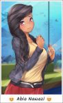  abia_nawazi alternate_costume aquarium black_hair blush braid character_name commentary denim denim_jacket emoji english_commentary eyeshadow hair_over_shoulder highres huniepop huniepop_2 jacket kopianget makeup single_braid solo tan 