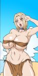  1girl armpits beach breasts cloud hand_on_hip huge_breasts naruho naruto navel open_mouth outdoors sky solo standing tagme tsunade 