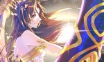  bare_shoulders breasts brown_hair chain earrings fate/grand_order fate_(series) gauntlets highres hikari50503 ishtar_(fate/grand_order) jewelry lens_flare long_hair medium_breasts red_eyes shoulder_blades single_gauntlet smile 