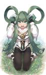  ankle_boots arms_up black_shorts blush boots capelet chain d: flower full_body fur-trimmed_boots fur_collar fur_trim ganesagi green_eyes green_hair hair_rings highres horns kneeling long_hair long_sleeves looking_at_viewer nose_blush on_grass on_ground open_mouth original pantyhose pantyhose_under_shorts puffy_long_sleeves puffy_sleeves short_shorts shorts simple_background single_hair_intake solo very_long_hair white_background white_capelet white_footwear 