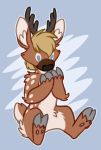  anthro antlers blonde_hair blue_eyes cervine chital citrinelle cloven_hooves deer deer-spangle dewclaws hair hooved_fingers hooves horn male mammal simple_background solo spots 