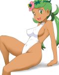  :d alternate_costume bangs bare_arms bare_legs bare_shoulders blush_stickers breasts casual_one-piece_swimsuit covered_navel covered_nipples dark_skin eyebrows_visible_through_hair feet_out_of_frame flower green_eyes green_hair hair_flower hair_ornament headband highleg highleg_swimsuit looking_at_viewer mao_(pokemon) medium_breasts one-piece_swimsuit open_mouth pokemon pokemon_(anime) pokemon_sm_(anime) round_teeth sideboob simple_background sitting smile solo swept_bangs swimsuit tareme teeth thighs tof white_background white_swimsuit 