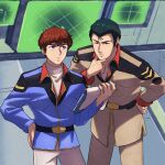  2boys amuro_ray belt black_eyes black_hair blue_eyes bright_noa brown_hair char&#039;s_counterattack commentary_request earth_federation earth_federation_space_forces gundam hand_on_own_chin hand_on_own_hip highres holding holding_notebook kogetoriten_999 military_uniform multiple_boys notebook reading science_fiction screen short_hair spacecraft_interior tikarawaza 