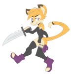  blue_eyes bulge clothed clothing feline fur gloves joykill knife legwear long_tail looking_at_viewer male mammal ninja pantygremlin pouch skimpy solo spandex stockings swimsuit tight_clothing yellow_fur 