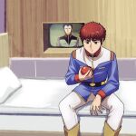  2boys age_difference amuro_ray belt black_eyes black_hair boots bright_noa commentary_request earth_federation food gundam highres holding holding_food holding_vegetable kogetoriten_999 military_uniform mobile_suit_gundam multiple_boys red_hair science_fiction screen short_hair sitting spacecraft_interior thinking tikarawaza tomato vegetable white_base 