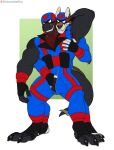 anthro balls bodysuit bulge canid canine canis clothing detailed_bulge digitigrade dinosaur duo entwined_tails erection erection_under_clothing genital_outline genitals grope hanna-barbera hi_res hybrid male male/male mammal mask muscular mustelid otter penis penis_outline prehistoric_species reptile scalie skinsuit smile spelunker_sal swat_kats tagg tail tail_coil theropod tiberius_thicktail tight_clothing tyrannosaurid tyrannosauroid tyrannosaurus tyrannosaurus_rex wolf