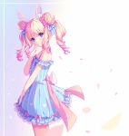  animal_humanoid blonde_hair blue_eyes breasts clothed clothing dress female flower flower_in_hair fully_clothed hair hair_bun hair_ribbon hand_on_face happy humanoid hyanna-natsu lagomorph looking_at_viewer looking_back mammal outside petals pigtails plant rabbit_humanoid ribbons rose_(flower) side_view simple_background smile solo standing 