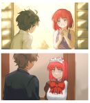  1boy 1girl absurdres age_progression apron bare_shoulders black_hair blue_eyes bow bowtie brown_hair closed_mouth commentary dress ezekquel highres hisui_(tsukihime) juliet_sleeves long_sleeves looking_at_another maid maid_apron maid_headdress open_mouth puffy_sleeves red_bow red_bowtie red_hair ribbon school_uniform shirt short_hair smile sunlight tank_top tohno_shiki tsukihime white_apron 