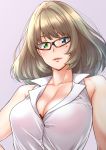  bangs black-framed_eyewear blue_eyes blush breasts brown_hair buttons cleavage collarbone dress_shirt eyebrows_visible_through_hair glasses green_eyes heterochromia highres idolmaster idolmaster_cinderella_girls large_breasts looking_at_viewer mole mole_under_eye parted_lips shirt shouji_nigou sleeveless smile solo takagaki_kaede 